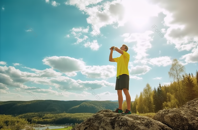 蓝色青年男子山顶仰视天空低角度拍摄,高清,摄影图,摄影图片,图片大全,摄影图免费下载
